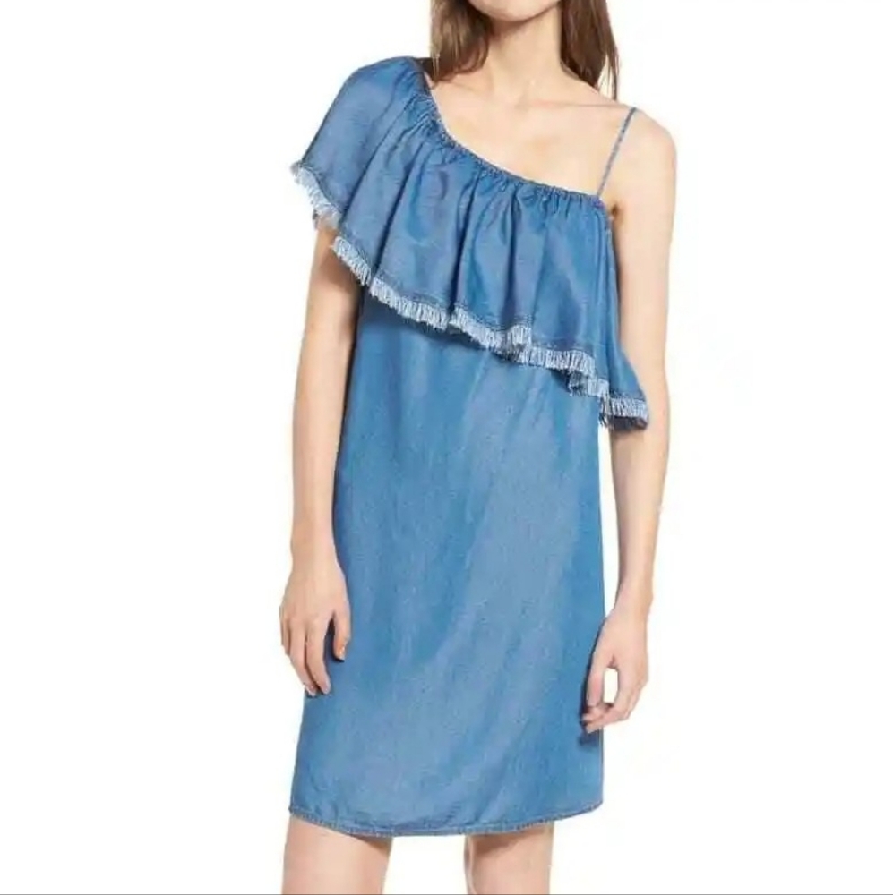 SPLENDID INDIGO WASH RUFFLE ONE SHOULDER DRESS